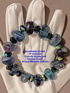 Handmade stretch 8" bracelet, Fluorite chunks and faceted Czech Crystals